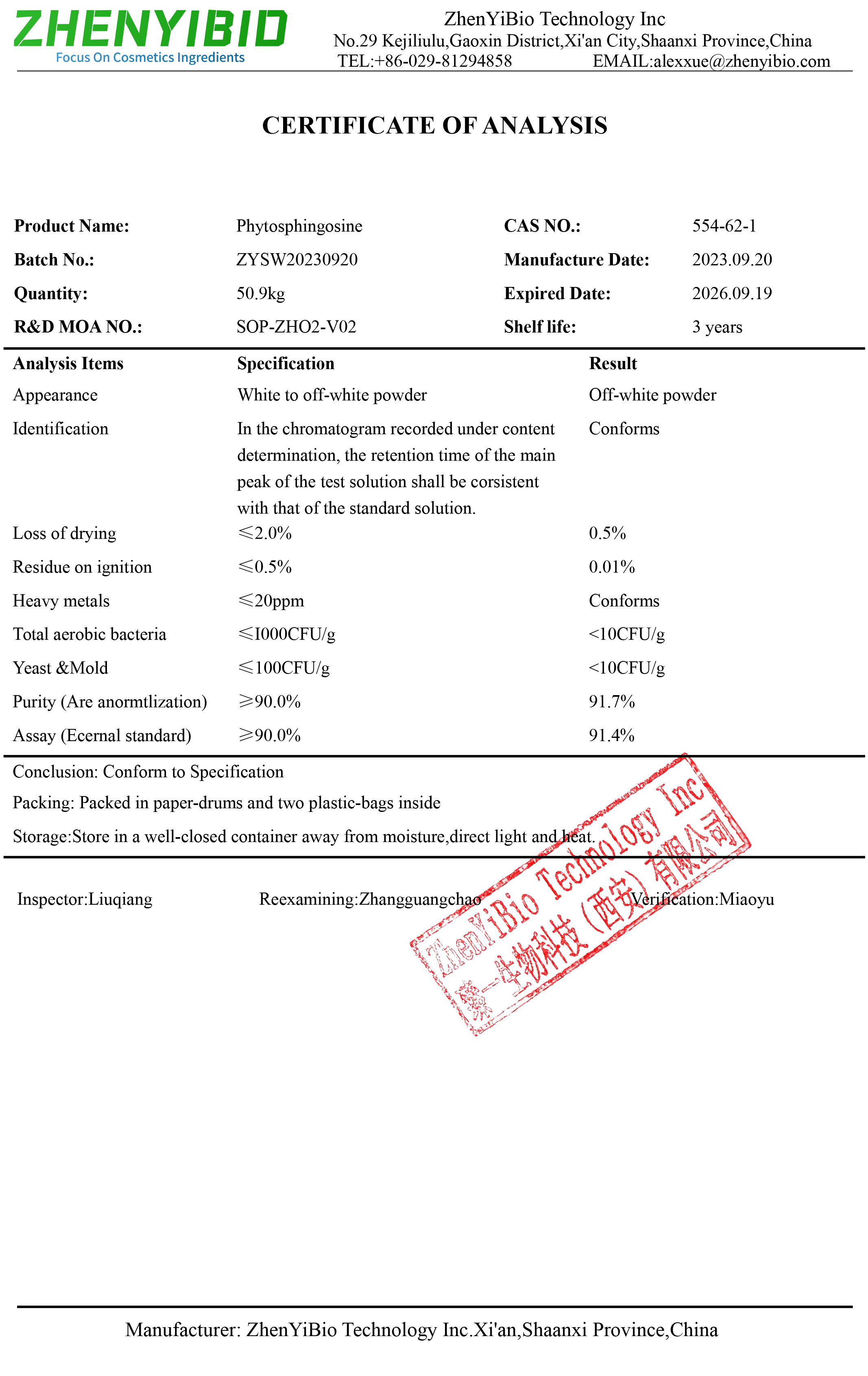 COA of Phytosphingosine