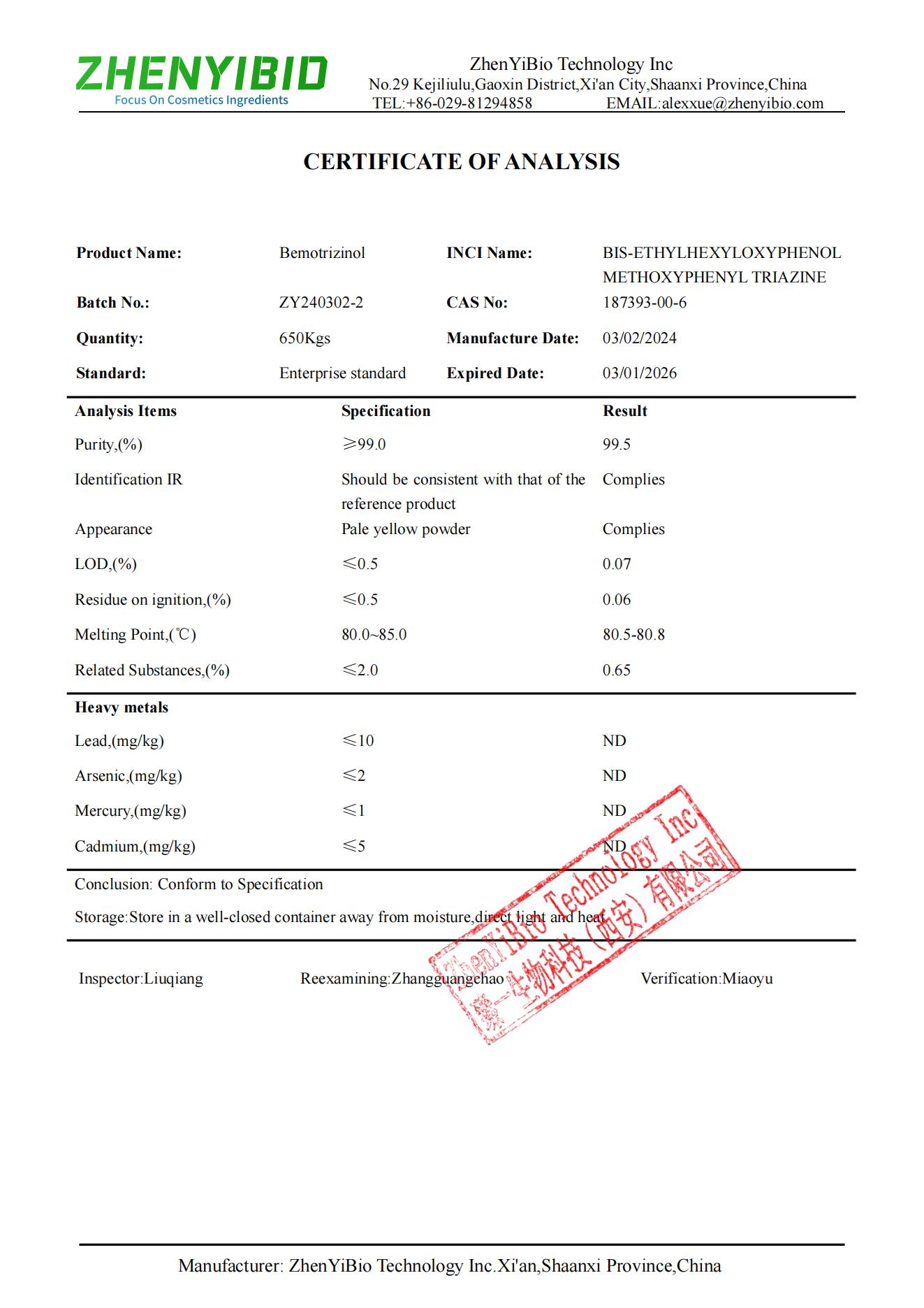 Technical Date of Bemotrizinol